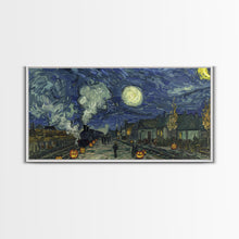 Load image into Gallery viewer, Starry Night Inspired Haunted Steam Train, Framed Canvas Print, Spooky Halloween Wall Art
