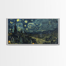 Load image into Gallery viewer, Starry Night Inspired Haunted Cemetery Framed Canvas Print, Halloween Wall Decor, Art Prints, Creepy Art
