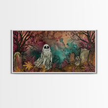 Load image into Gallery viewer, Cute Ghost In The Cemetery, Framed Canvas Print, Halloween Wall Decor, Halloween Trinkets
