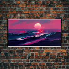 Load image into Gallery viewer, Synth wave sunset, ocean painting canvas print, outrun style, sun set art, wall decor, Made in Texas, ocean sunset, beach vaporwave

