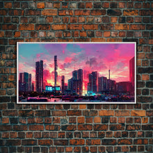 Load image into Gallery viewer, Cyber punk city skyline canvas print, outrun sunset, synthwave, vapor wave, dystopian city at sun set, mancave wall art, video game concept
