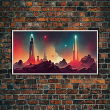 Carregar imagem no visualizador da galeria, Art deco style space canvas print, space ship art, space art, outrun style, sci-fi themed art print, science fiction, space exploration
