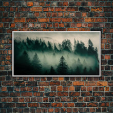 Load image into Gallery viewer, Framed Canvas Print, Pine Tree Forest, Misty Forest Landscape, Fog Covered Mountain, Nature Landscape Decor
