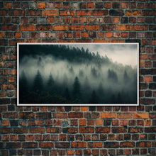 Carregar imagem no visualizador da galeria, Foggy pine forest, Canadian forest art, framed canvas print, farmhouse decor, misty forst landscape

