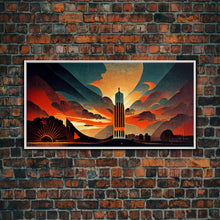Cargar imagen en el visor de la galería, Dystopian metropolis canvas print, ready to hang wall art, art deco sunset, 1930s architecture, living room art, art nouveau
