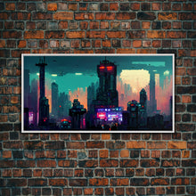 Load image into Gallery viewer, cyberpunk city pixel art canvas print, wall art, Bladerunner vibes art, synthwave style art, cool wall art
