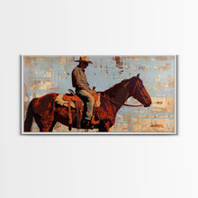 Load image into Gallery viewer, Cowboy on Horse with Rustic Background, Stunning Wall Art, Framed Canvas Print, Boho Bedroom Decor, Western Home Decoration
