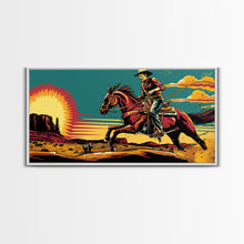 Load image into Gallery viewer, Cowboy Riding Through Desert, Southwestern Landscape Art, Framed Canvas Print, Boho Decor, Desert Art, Rustic Wall Art
