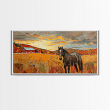 Carregar imagem no visualizador da galeria, Black Horse in Autumn Field with Red Barn, Perfect Farmhouse Art, Framed Canvas Print, Rustic Wall Decor, Living Room Decoration
