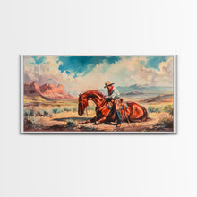 Load image into Gallery viewer, Cowboy Comforting Horse in Open Plains, Farmhouse Western Decor, Framed Canvas Print, Country Living Art, Rustic Wall Art for Home
