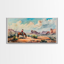 Load image into Gallery viewer, Cowboy Gazing Over Expansive Desert, Boho Western Landscape Art, Framed Canvas Print, Living Room Wall Decor, Rustic Country Style
