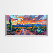Carregar imagem no visualizador da galeria, Cacti and Mountains Under Sunset Sky, Vibrant Southwestern Landscape Art, Framed Canvas Print, Boho Living Room Decor, Desert Scene
