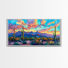 Load image into Gallery viewer, Expansive Desert Landscape at Sunset, Colorful Southwestern Art, Framed Canvas Print, Boho Living Room Wall Decor, Desert Scene
