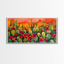 Cargar imagen en el visor de la galería, Colorful cactus garden in desert sunset, Framed Canvas Print, perfect for farmhouse living room, bohemian wall art
