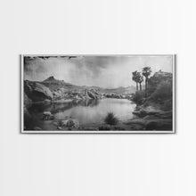 Load image into Gallery viewer, Peaceful Desert Oasis with Palm Trees, Framed Canvas Print for Living Room Decor, Ideal Bedroom Wall Art, Serene Western Scene
