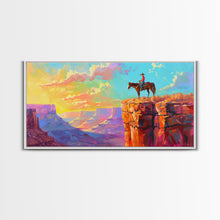 Load image into Gallery viewer, Cowboy on Horse Overlooking Canyon Sunset, Farmhouse Style Framed Canvas Print for Living Room Wall Art, Vibrant Home Decor, Western Scene

