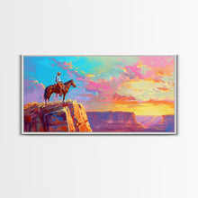 Load image into Gallery viewer, Cowboy Watching Sunset Over Canyon, Farmhouse Style Framed Canvas Print for Living Room Wall Art, Vibrant Home Decor, Western Landscape
