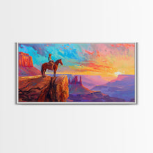 Load image into Gallery viewer, Cowboy and Horse with Canyon View, Farmhouse Style Framed Canvas Print for Bedroom Wall Art, Vibrant Home Decor, Western Scenic Art
