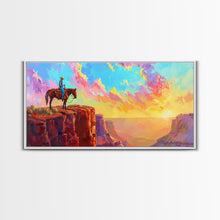 Load image into Gallery viewer, Cowboy on Horse Under Vibrant Sky, Farmhouse Style Framed Canvas Print for Bedroom Wall Art, Rustic Home Decor, Western Scenic Art
