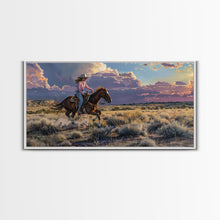 Load image into Gallery viewer, Cowgirl Galloping Across Desert Landscape, Vibrant Framed Canvas Print, Perfect for Living Room Art, Western Bedroom Decor, Desert Wall Art

