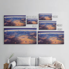 Cargar imagen en el visor de la galería, Bird&#39;s eye view of a futuristic city-planet, cool scifi art, framed canvas print, ready to hang framed wall art
