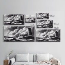 Load image into Gallery viewer, Lighthouse in a storm, black and white, tsunami waves, framed canvas print, ready to hang framed wall art
