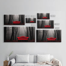 Load image into Gallery viewer, Red Sofa In A Forest Framed Canvas Print, Thought Provoking Art, Framed Art, Creepy Photography, Halloween Art

