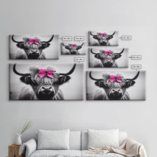 Cargar imagen en el visor de la galería, Cute Highland Cow wearing a Bow, Pink Bow on a Cute Cow, framed canvas print, black and white farmhouse cow art
