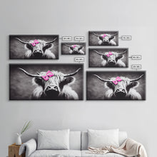 Load image into Gallery viewer, Cute Highland cattle canvas, wall art, Farmhouse decor, Cow Black White print Rustic wall decor Animals painting Scottish cow wall art
