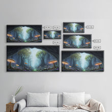 Load image into Gallery viewer, Magical Enchanted Mushroom Forest, Fantasy Art, Framed Canvas Print, Bioluminescent Butterflies in an Enchanted Forest, Glowing Art
