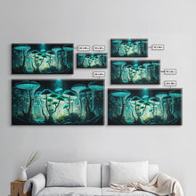 Carregar imagem no visualizador da galeria, The Forest Floor, Framed Canvas Print, Glowing Mushrooms, Bioluminescent Mushroom Art, Color fantasy wall art
