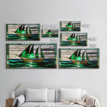 Load image into Gallery viewer, Emerald Green and Gold Art Deco Sail Boat, Framed Canvas Print, Retro MCM Style Wall Art, Midcentury Modern, Vintage Style, Stained Glass
