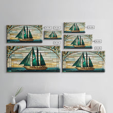 Load image into Gallery viewer, Emerald Green and Gold Art Deco Sail Boat, Framed Canvas Print, Retro MCM Style Wall Art, Midcentury Modern, Stained Glass, Huge Art
