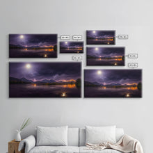 Carregar imagem no visualizador da galeria, Full moon canvas print, Lightning storm over a mountain lake at night, cool wall art, awesome wall art
