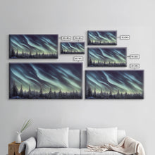 Cargar imagen en el visor de la galería, Aurora borealis over a snowy northern forest, canvas print, scenic winter landscape art, northern lights
