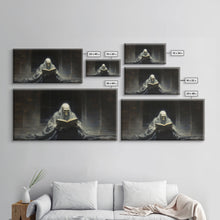 Load image into Gallery viewer, Grim Reaper Reading A Book In A Haunted Library, Framed Canvas Print, Victorian Oil Painting Style, Spooky Halloween Decor, Goth Art
