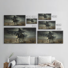 Load image into Gallery viewer, Ghost Cowboy Art, Framed Canvas Print, Halloween art, spooky decor, cowboy art, western decor, grim reaper on a horse in the desert
