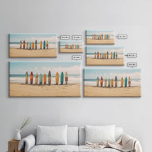 Carregar imagem no visualizador da galeria, Boho Beach Decor, Framed Canvas Print, Retro Surf Boards In The Sand, Living Room Decor, Gift For Him, Surfer Gift
