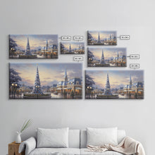 Cargar imagen en el visor de la galería, Christmas Decor Handmade, Framed Canvas Print, Beautiful Winter Wonderland Christmas Village, Christmas Tree Art
