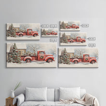 Cargar imagen en el visor de la galería, Christmas Tree Delivery - Retro Farmhouse Christmas Decor - Old Red Truck Delivering Christmas Trees - Framed Canvas Print - Holiday Decor

