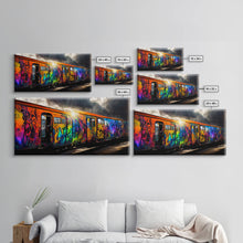 Load image into Gallery viewer, Box car graffiti art, wall decor, train box car, ready to hang canvas print wall art, rainbow train wall art
