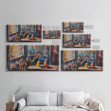 Carregar imagem no visualizador da galeria, Funny Werewolf Having a Cheeseburger in a diner, framed canvas print, halloween decor
