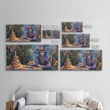Carregar imagem no visualizador da galeria, Birthday Party for One, Springtime Witch and A Birthday Cake, Framed Canvas Print, Funny Halloween Art
