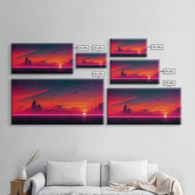 Load image into Gallery viewer, Cyberpunk lake art, city canvas, video game concept art, living room wall art, dystopian art, outrun city at sunset, man cave canvas print

