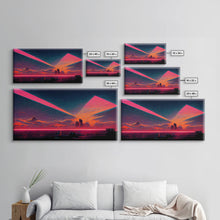 Load image into Gallery viewer, Cyberpunk lake art, city canvas, video game concept art, living room wall art, dystopian art, outrun city at sunset, man cave canvas print
