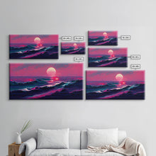 Load image into Gallery viewer, Synth wave sunset, ocean painting canvas print, outrun style, sun set art, wall decor, Made in Texas, ocean sunset, beach vaporwave
