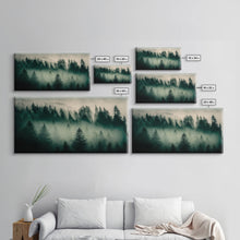 Load image into Gallery viewer, Framed Canvas Print, Pine Tree Forest, Misty Forest Landscape, Fog Covered Mountain, Nature Landscape Decor

