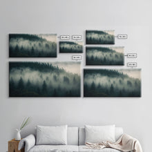 Carregar imagem no visualizador da galeria, Foggy pine forest, Canadian forest art, framed canvas print, farmhouse decor, misty forst landscape
