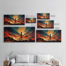 Cargar imagen en el visor de la galería, Dystopian metropolis canvas print, ready to hang wall art, art deco sunset, 1930s architecture, living room art, art nouveau
