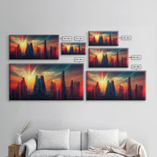 Load image into Gallery viewer, Cyberpunk canvas print, cyber punk city at sunset, Bladerunner vibes art, synthwave style art, cool wall art, night city
